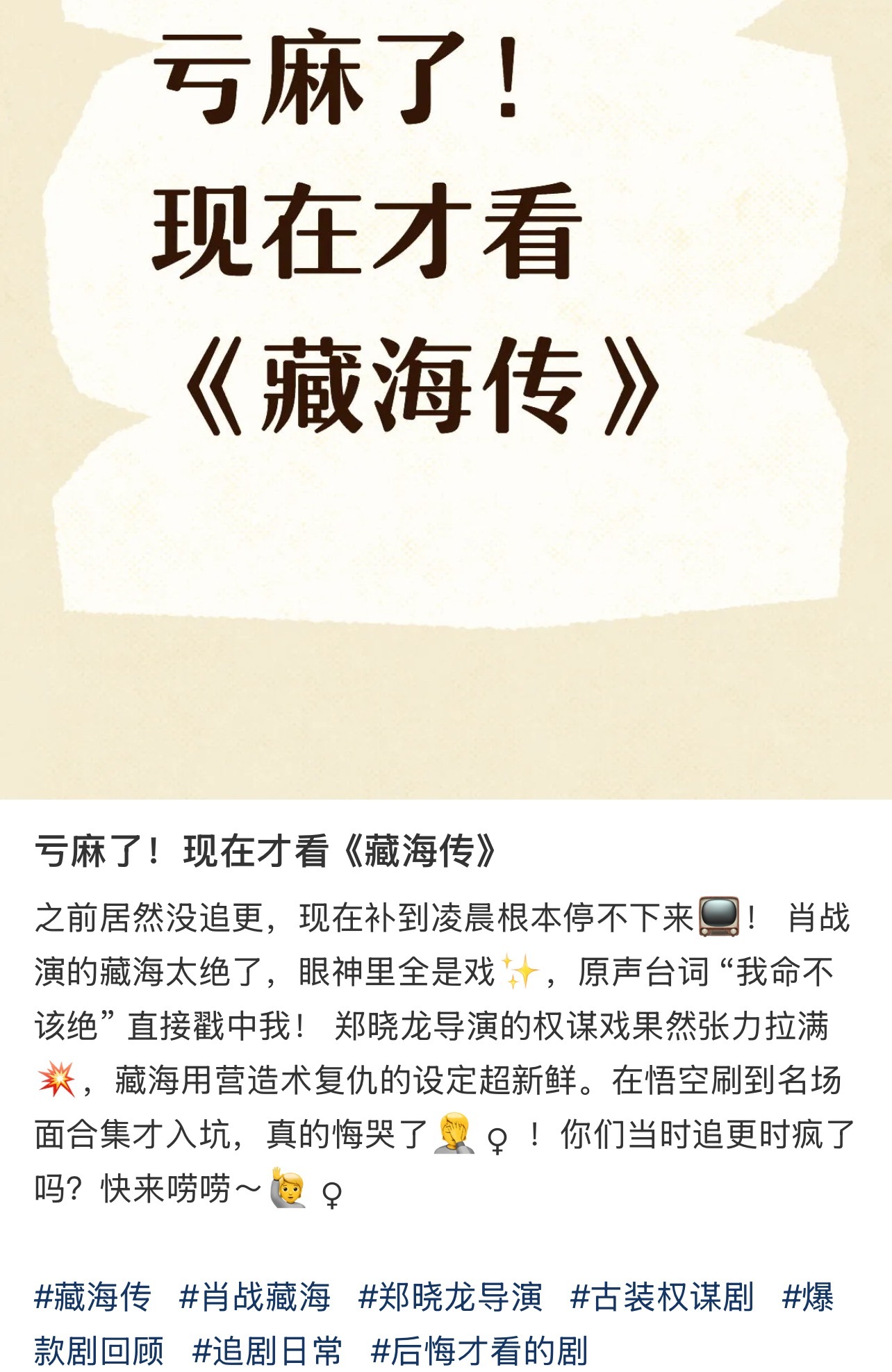 确实才看藏海传的人有点亏，追剧时期盛况空前！那个气氛真的太好了，每天追完剧，然后