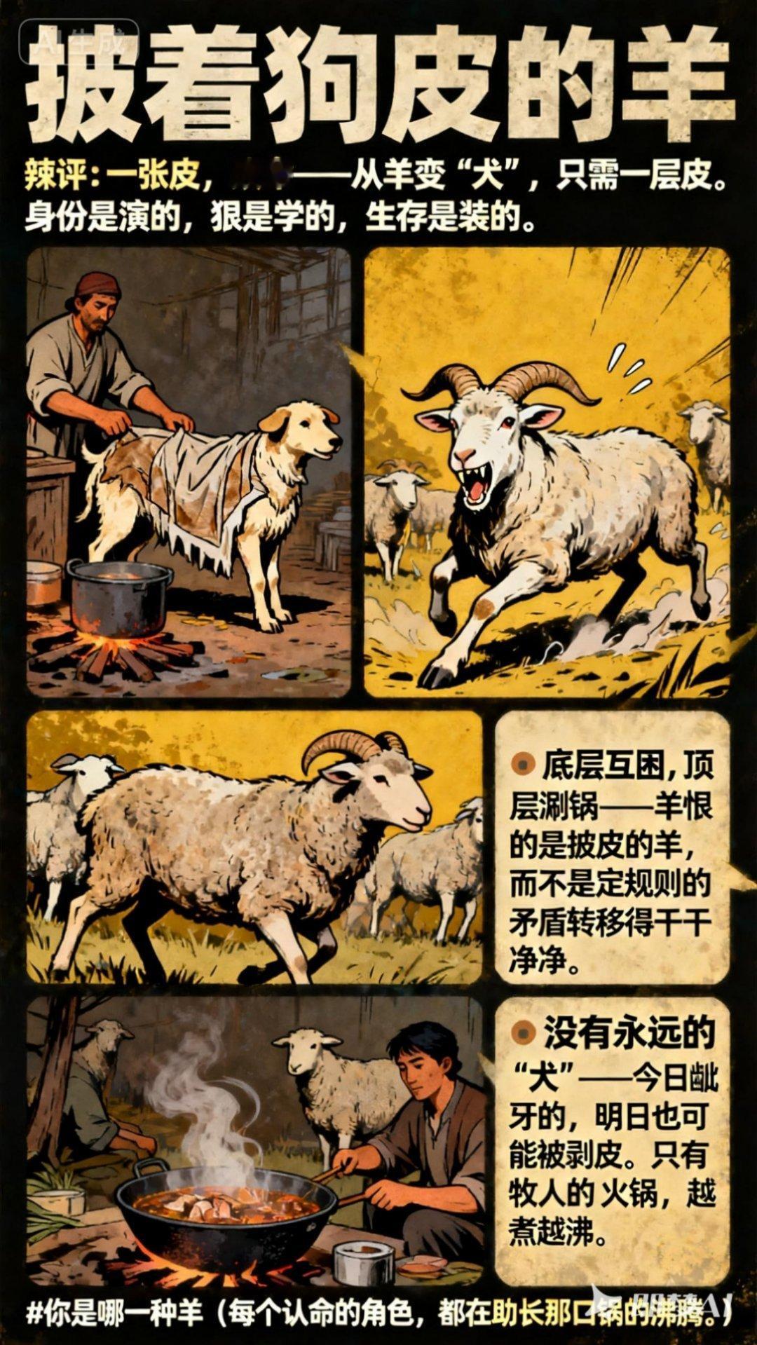 搞笑内涵图【披着狗皮的羊】牧人炖了失职的狗，剥下狗皮裹在一头公羊身上：“你来管