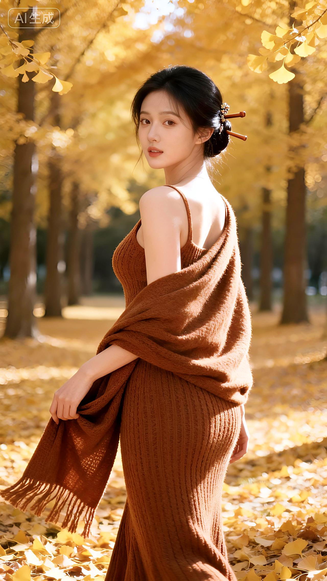 “金叶落满焦糖裙，回眸一笑染秋光”，这诗句简直绝了，一下就把秋日的浪漫氛围感拉满