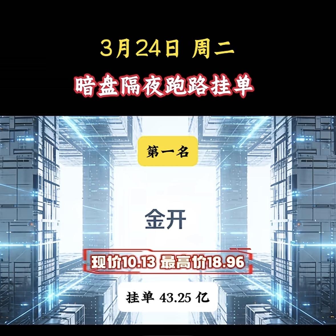 3月24日暗盘隔夜挂单排行榜出炉3月24日金风科技的暗盘交易可太有看头了。现