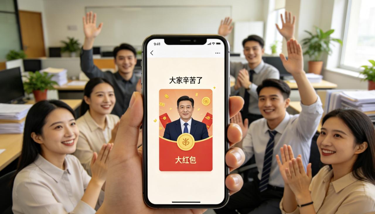 领导在群里发了个大红包，说：“大家辛苦了”。三十秒内，红包被抢光，满屏都是“谢