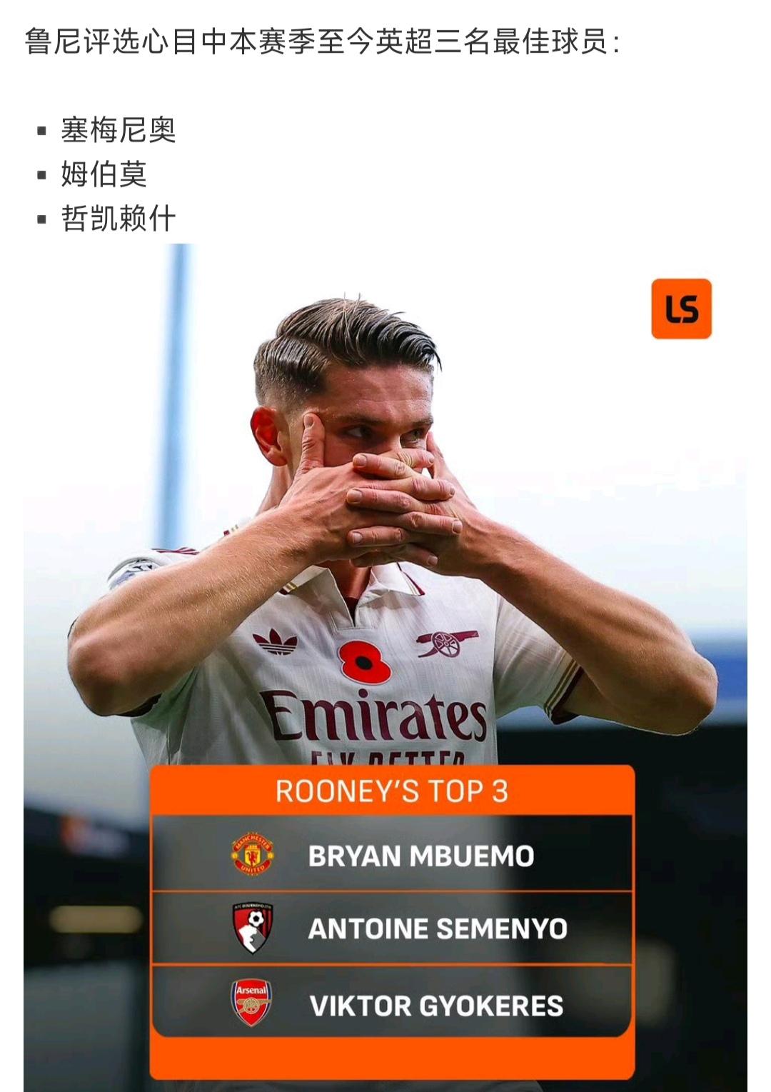 鲁尼好像眼神有问题，认为这三个人英超最佳？塞梅尼奥只是伯恩茅斯大腿。姆贝