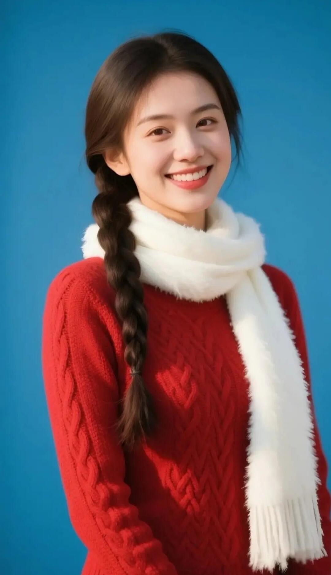 冬日暖阳下的甜美笑容，红衣白围巾，温暖如初。🌞💖