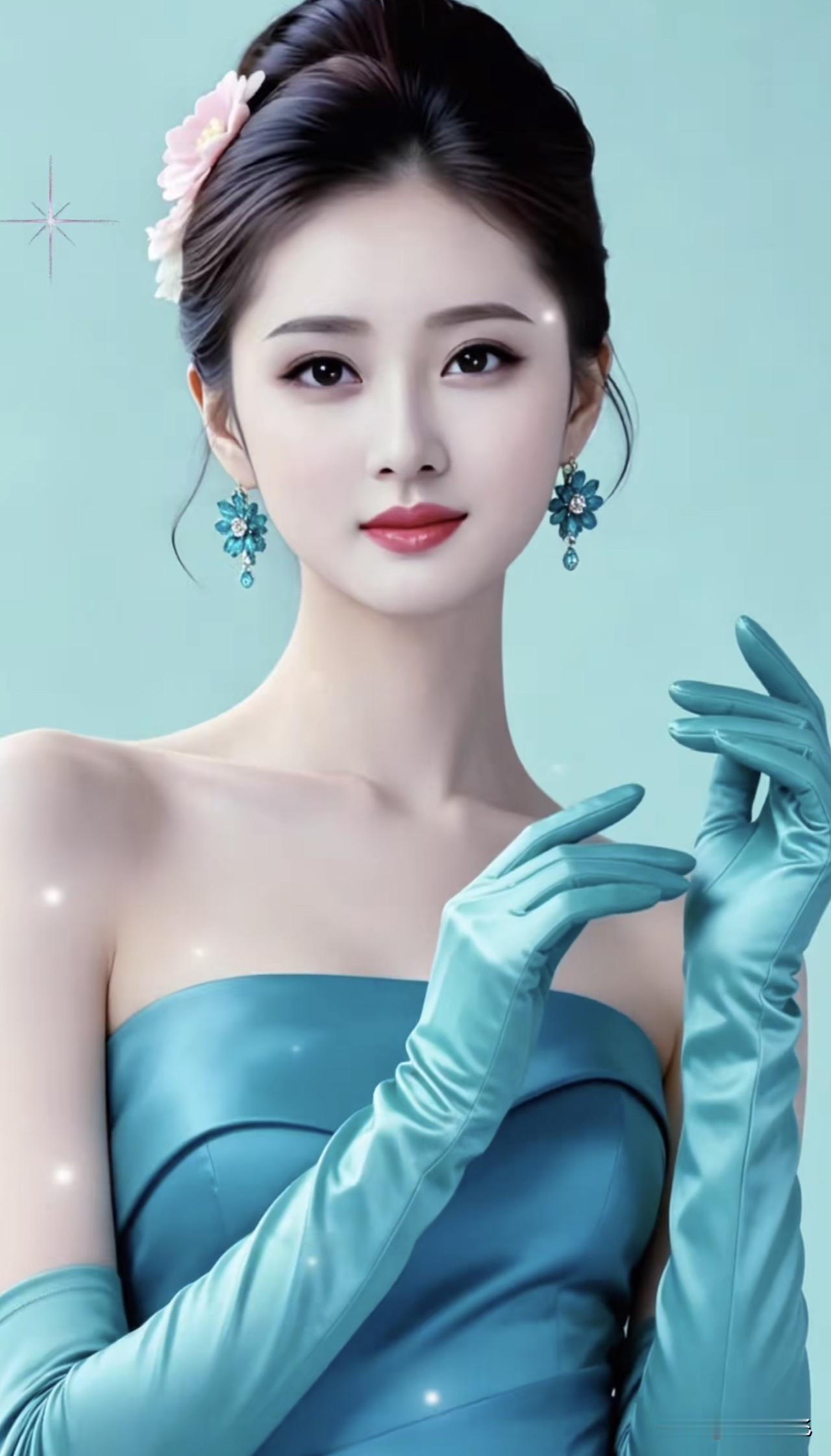 梦幻蓝调，优雅女神，闪耀耳环，花饰发间，指尖轻触，温柔如水。气质女人味耳环温柔