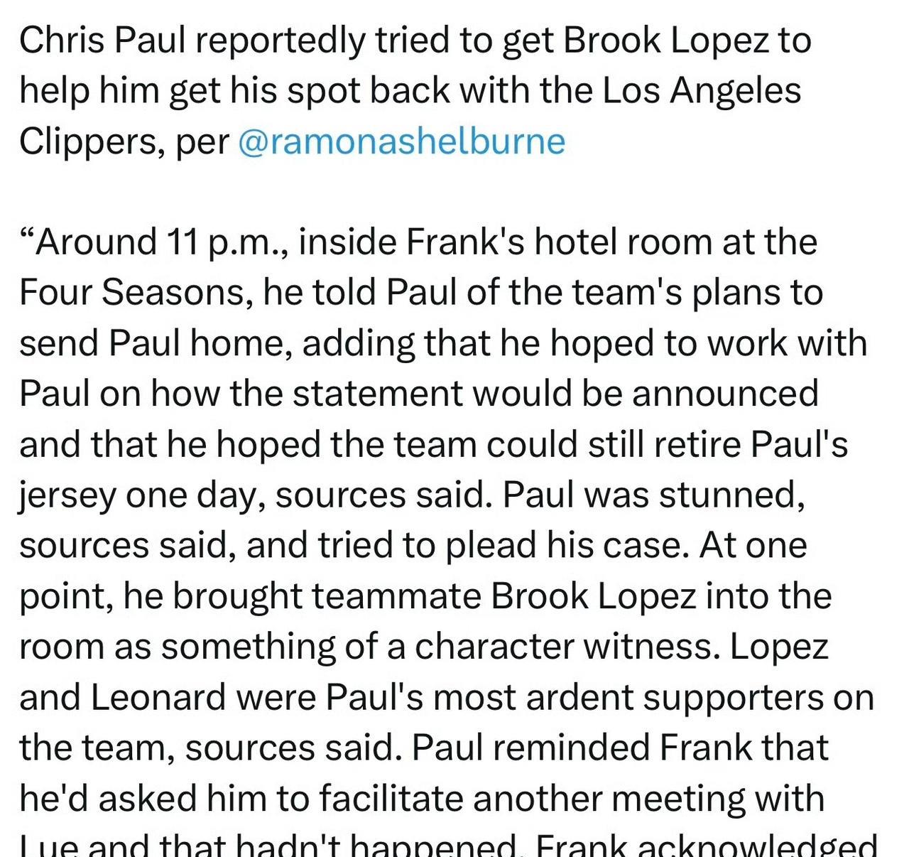 NBA记者拉蒙纳报道，保罗曾试图让洛佩兹帮助他争取重返快船队的机会。“接近晚上