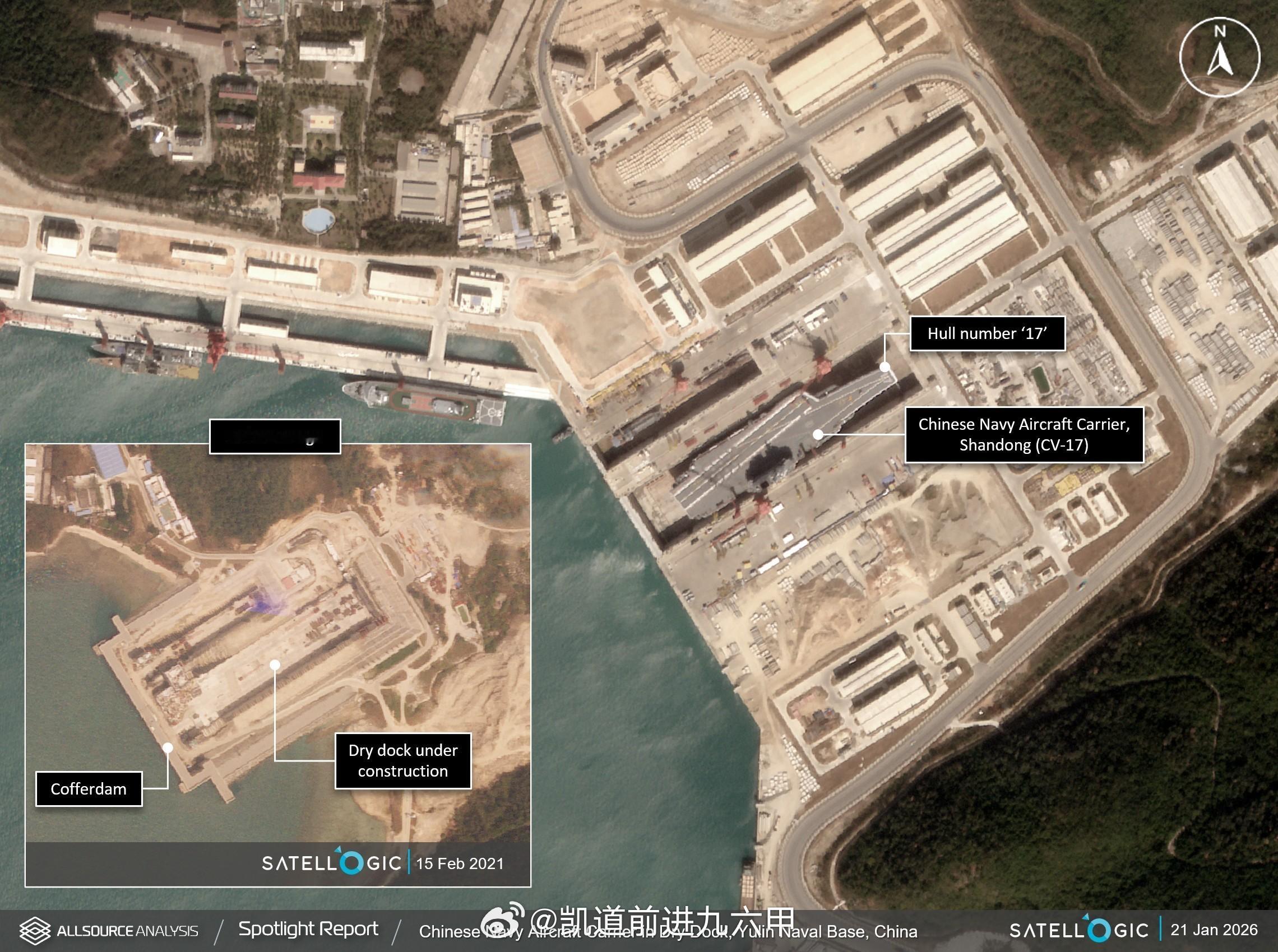 外国卫星拍摄的17号山东舰入坞维护/升级的高清图，日期为1月21日参照辽宁舰，