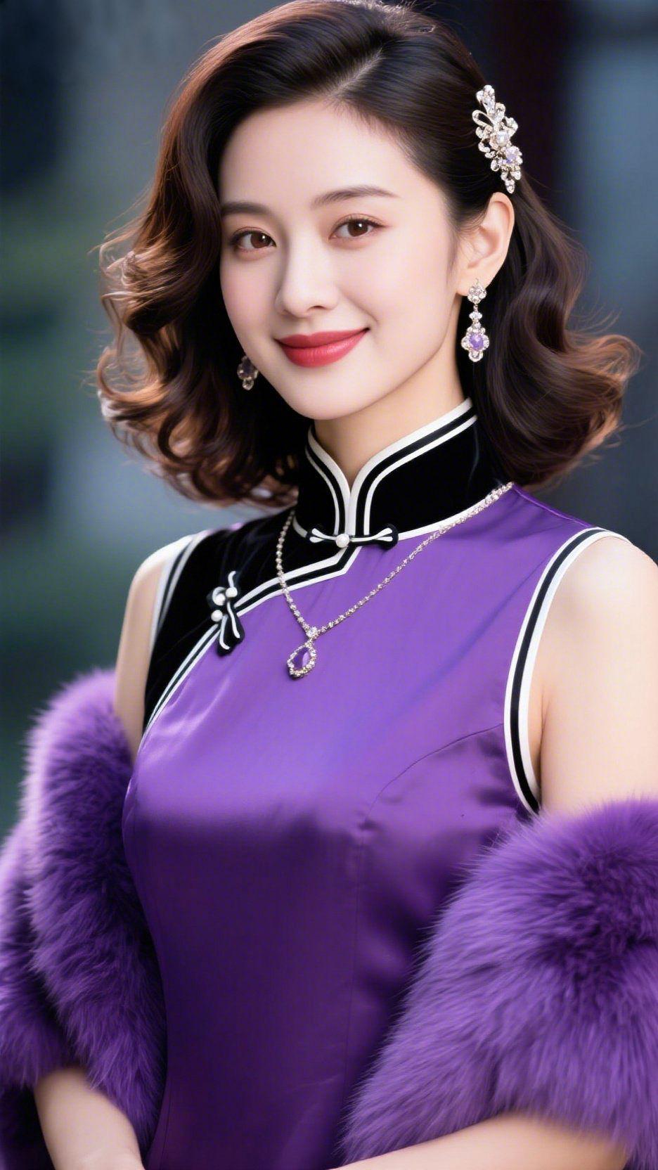 紫衫娴仪柔紫旗袍裹着缎面的润光，黑绒镶边与银扣相衬，像把暮春的紫藤色裁作了