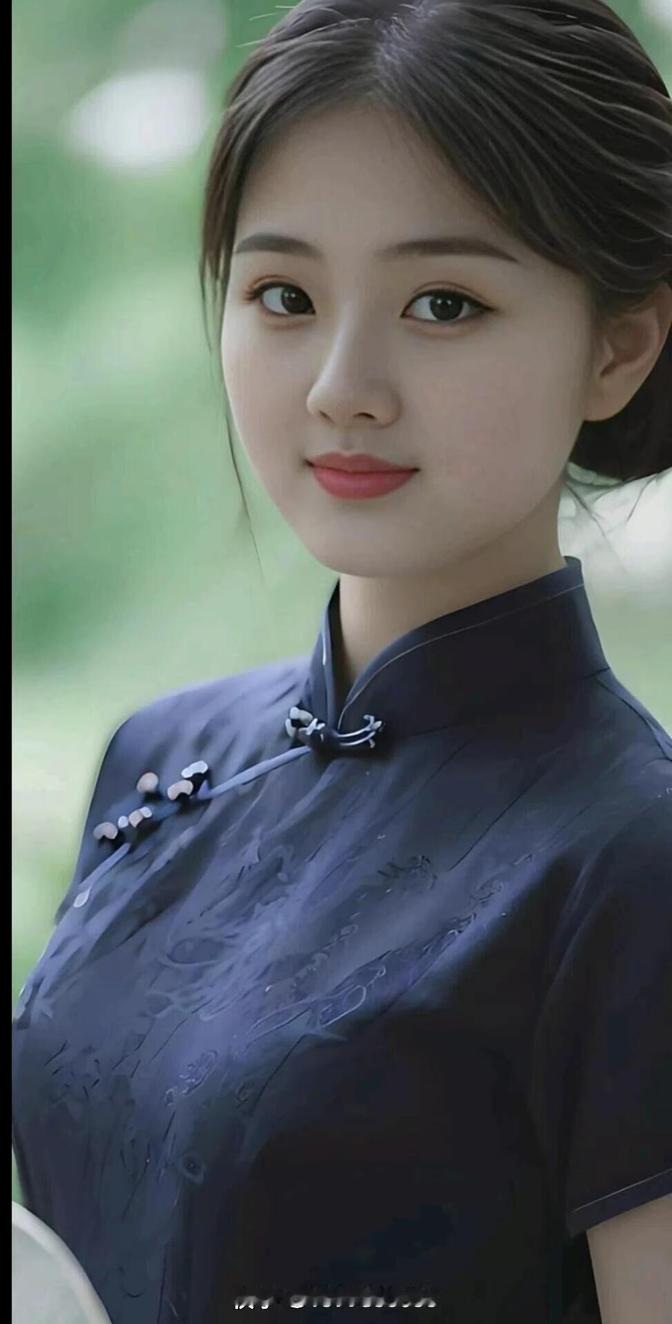优雅古风少女，一袭深蓝旗袍，韵味十足。
