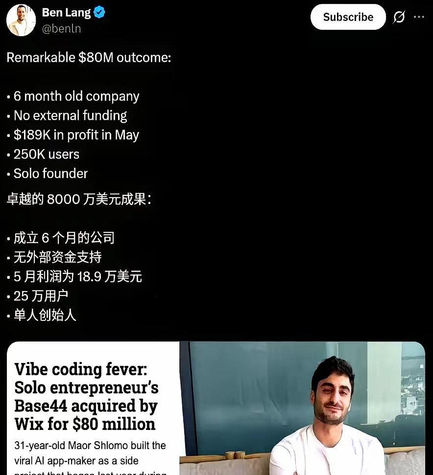 31岁以色列程序员Shlomo，兵役后单干AI编程项目Base44，无团队，无融