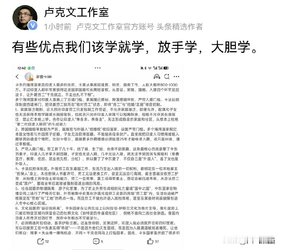 卢克文说得挺实在，遇到别人做得好的规矩，该借鉴就得借鉴，可以看看中东国家对外籍打