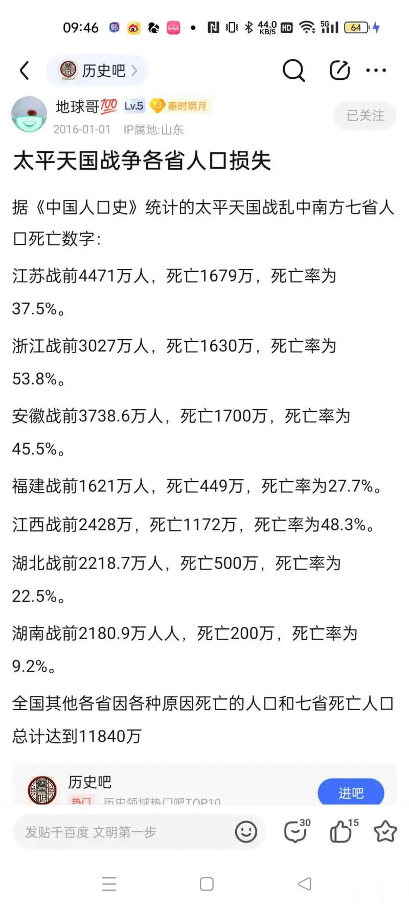 太平天国战争各省人口损失