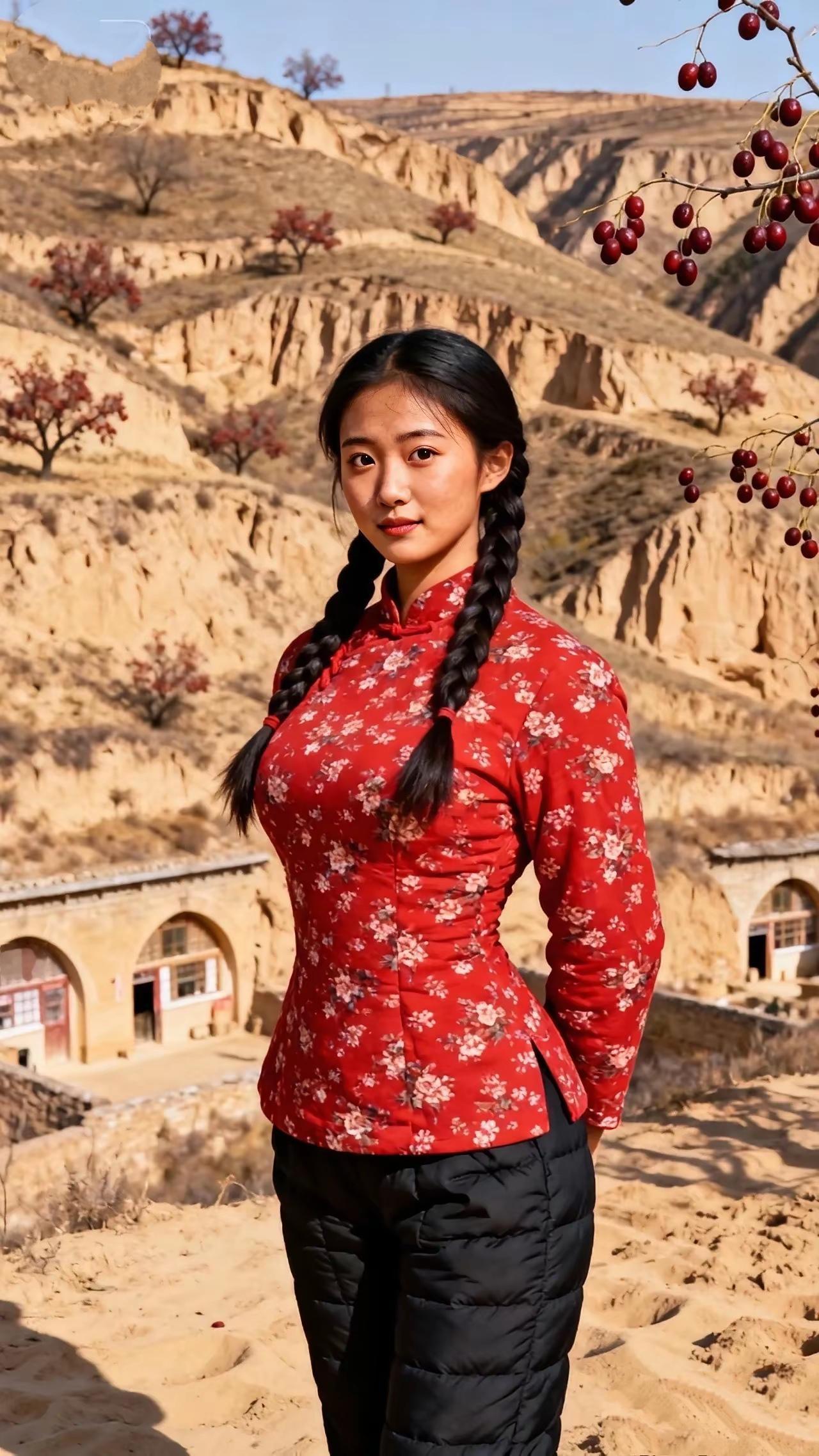 《塬上枣红》黄土塬边风拂枝，红袄麻花辫垂丝。枣珠串串凝秋意，窑洞山前