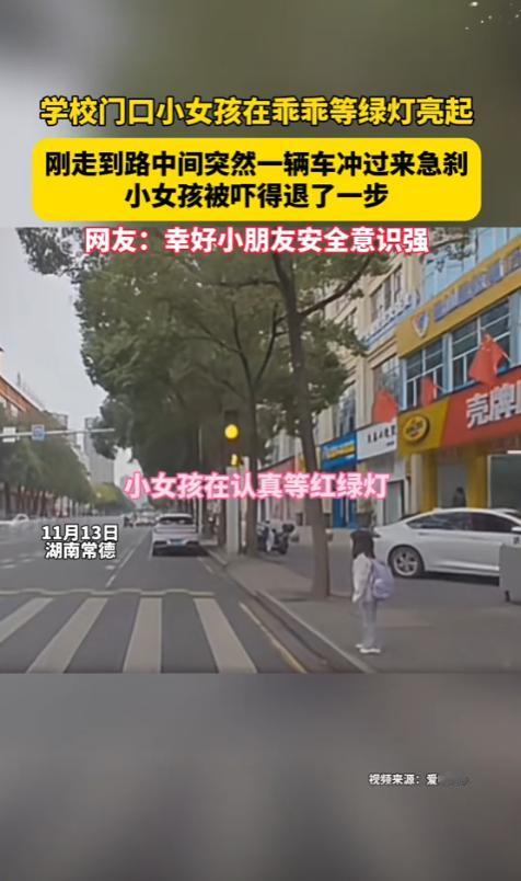 “必须严惩！”湖南常德，一小女孩上学时，站在斑马线前等红灯，绿灯亮起后她开始过马