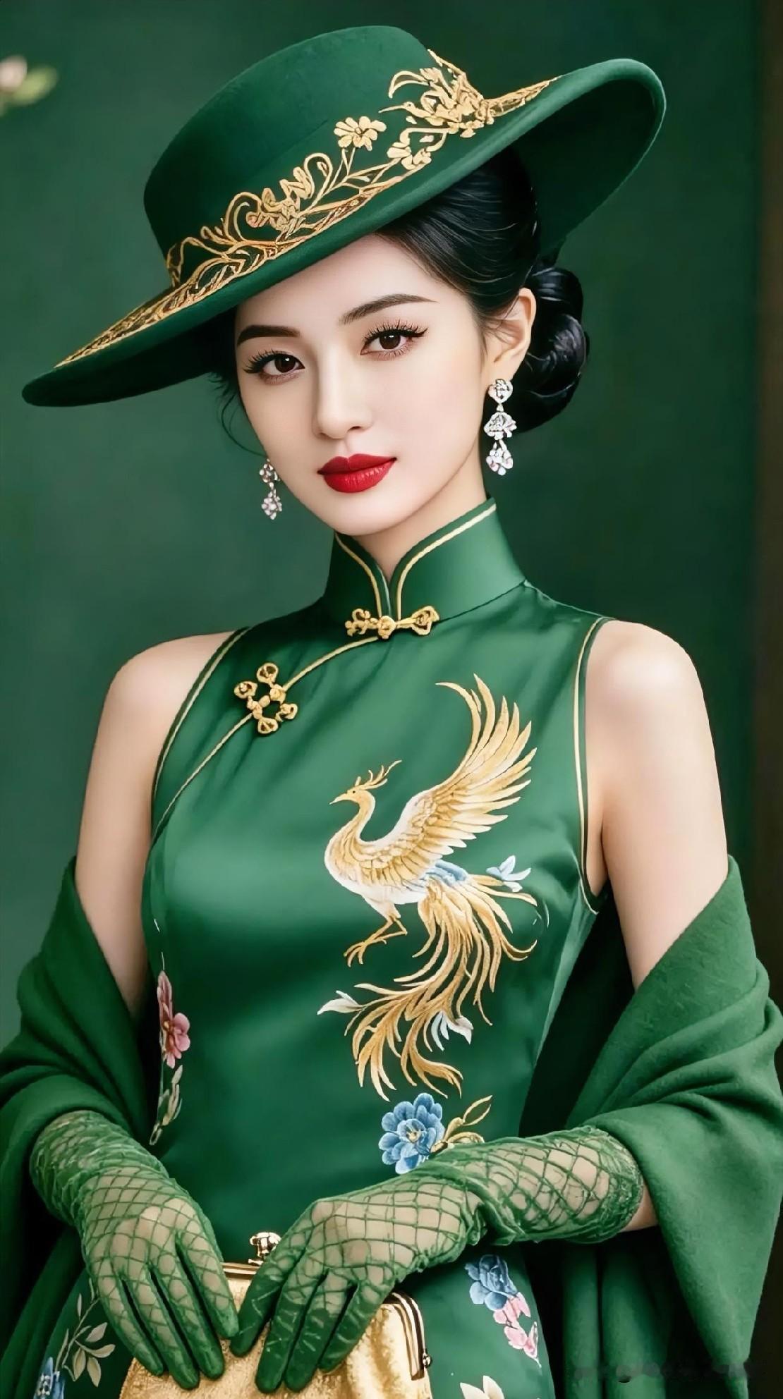 墨绿旗袍绣金凤，宽檐帽沿点繁花。网纱手套轻搭，复古佳人，将东方优雅演绎至极。