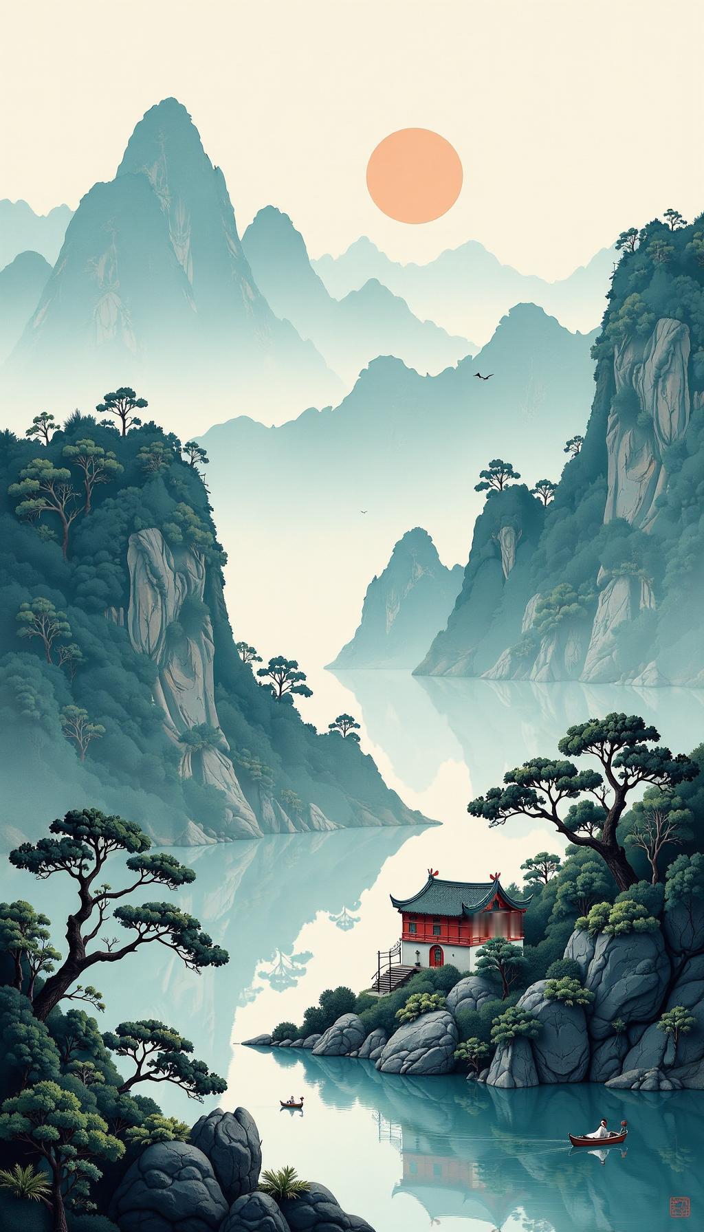 宁静山水间，红屋映碧波，这般景致简直是人间仙境。看着那红屋静静立在碧波旁，四周青