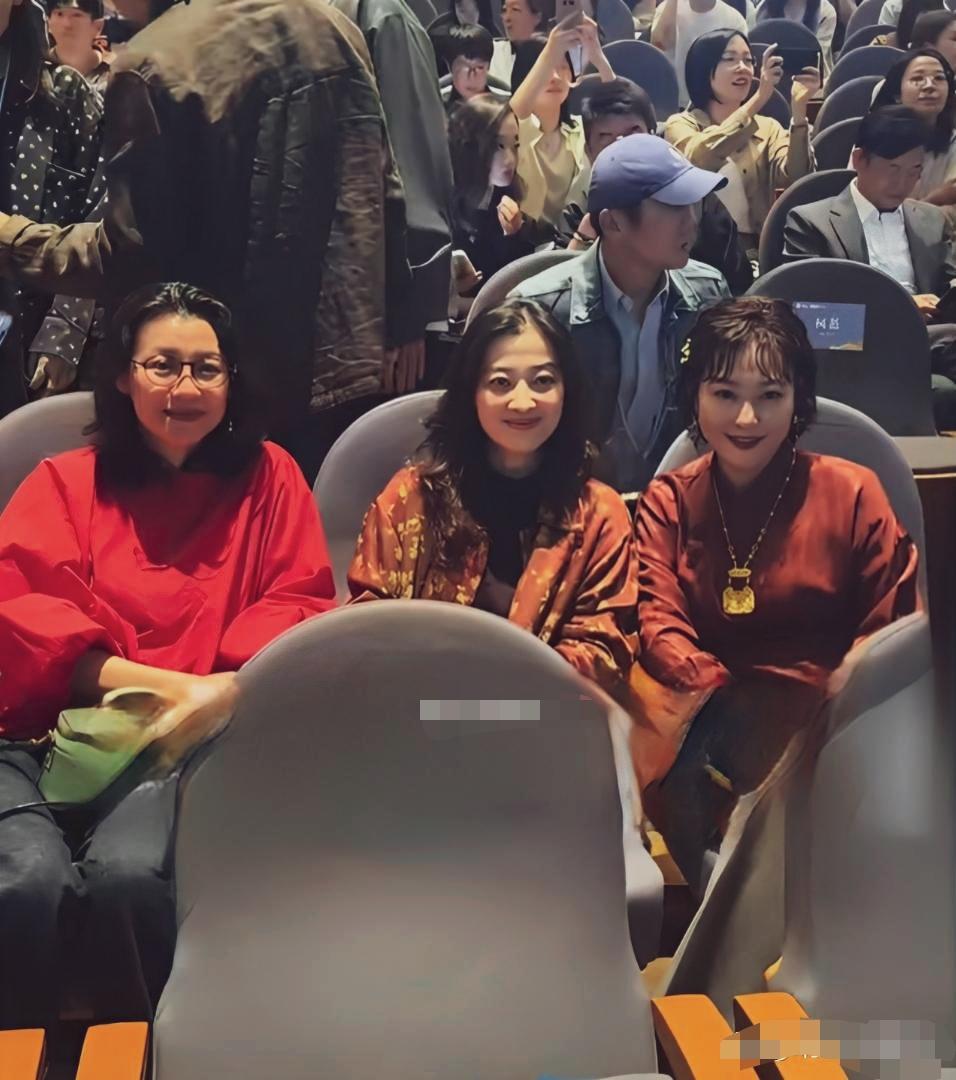 三位演员并肩而坐。一身红衫的刘琳气质温婉。梅婷新中式外套，优雅从容，右侧的比梅婷