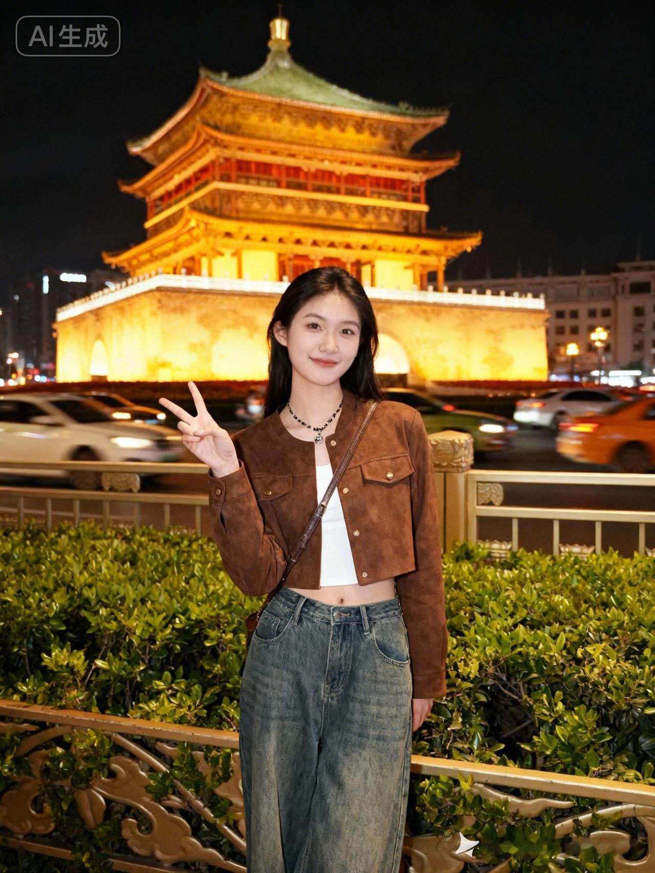 夜景下，她比着V字手势，笑容甜美。