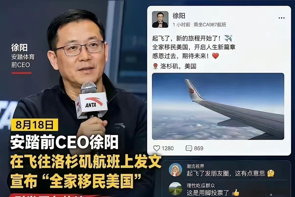 安踏前ceo徐阳带着全家移民美国了。他2006年入职安踏，曾任始祖鸟大中华区总经