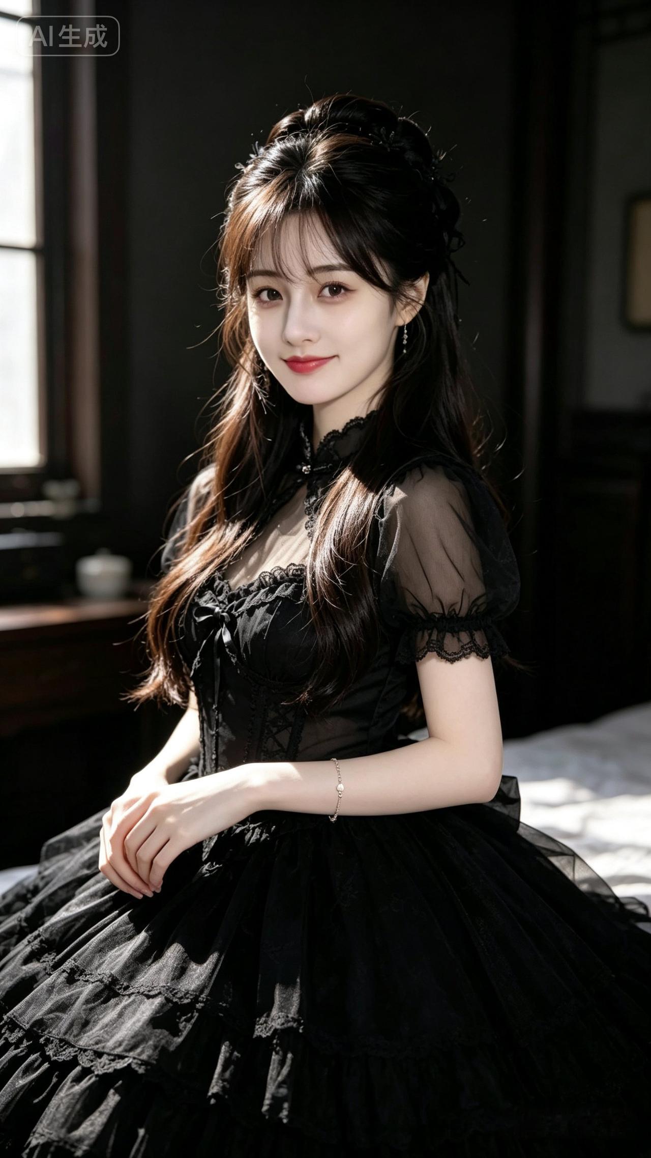 黑纱裙少女，复古优雅，梦幻如画。