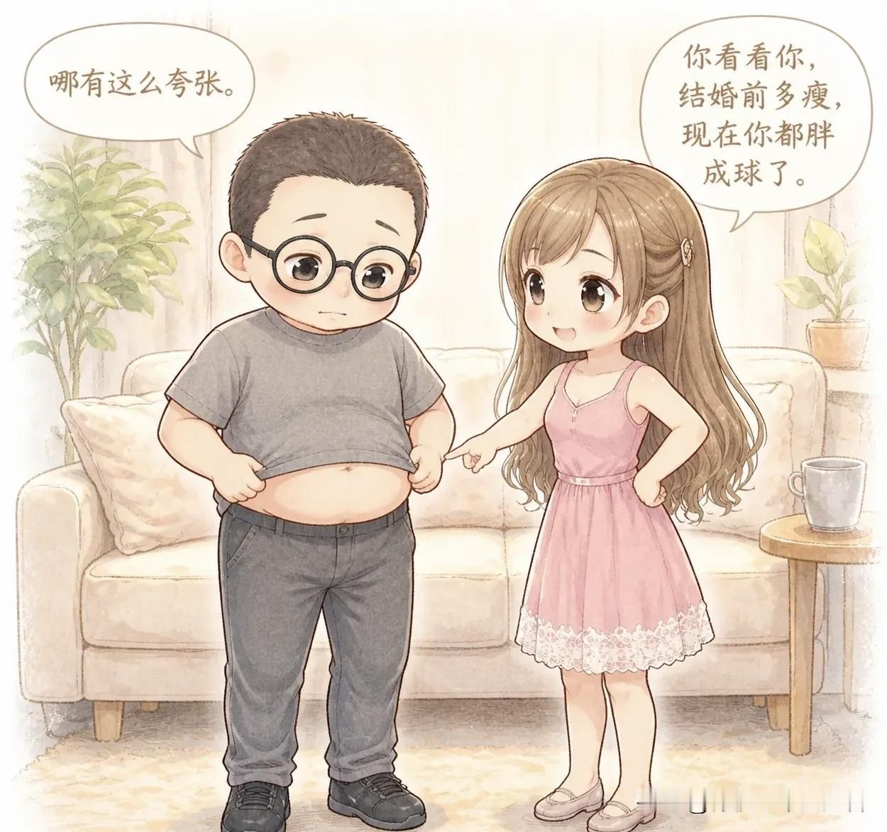 趣味漫画：老婆指着我的肚子说：“你看看你，结婚前多瘦，现在都成球了。”我不服：“