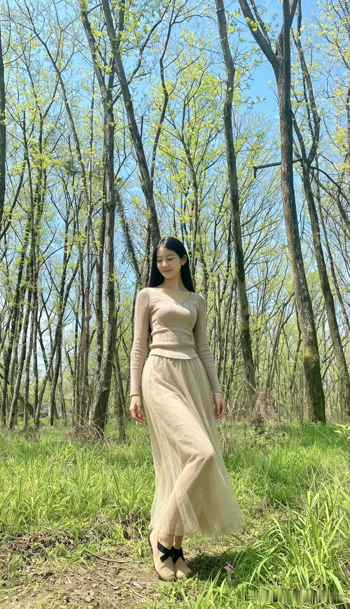 她走进那片刚被春天唤醒的林子，鞋底蹭过带着潮气的泥土和新生的草芽。阳光穿过