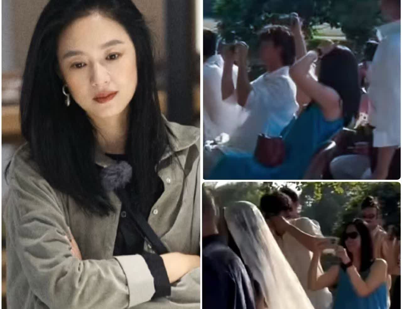 周韵参加姜文女儿婚礼被夸，人品只在一个动作之间！她穿蓝裙戴墨镜，和儿子坐