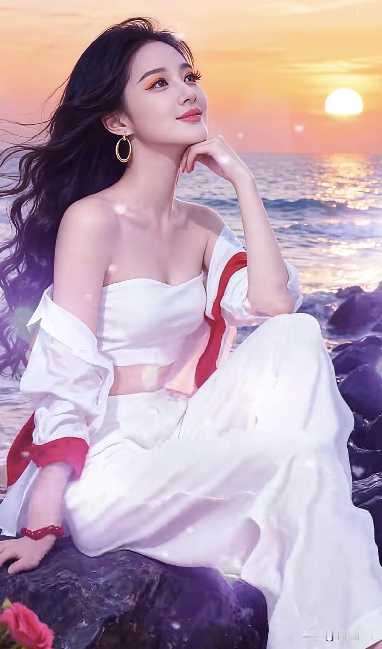 海边日落，白裙飘飘，少女心爆棚沙滩白裙少女海边白裙造型水边白裙照海边白裙造