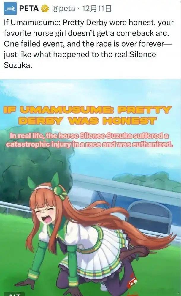 动保组织大战二次元，因动保组织拿赛马娘的无声铃鹿图来宣传，其角色原型在一次比赛中
