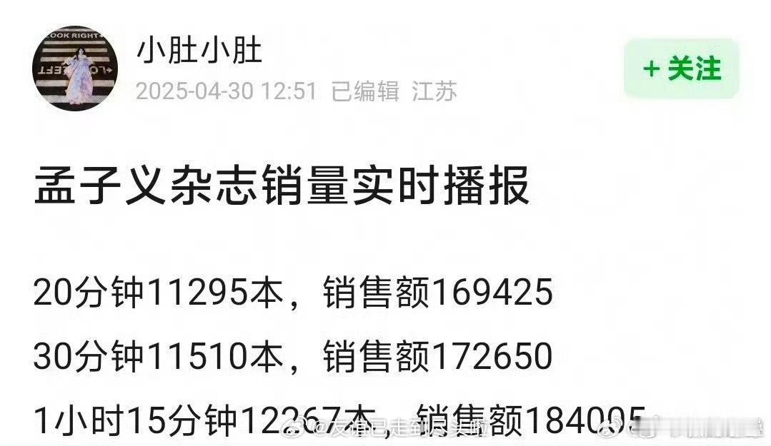 孟子义最新杂志《红秀》1h销量1.2w本，看了一下孟姐销量水平基本就是1w出头同