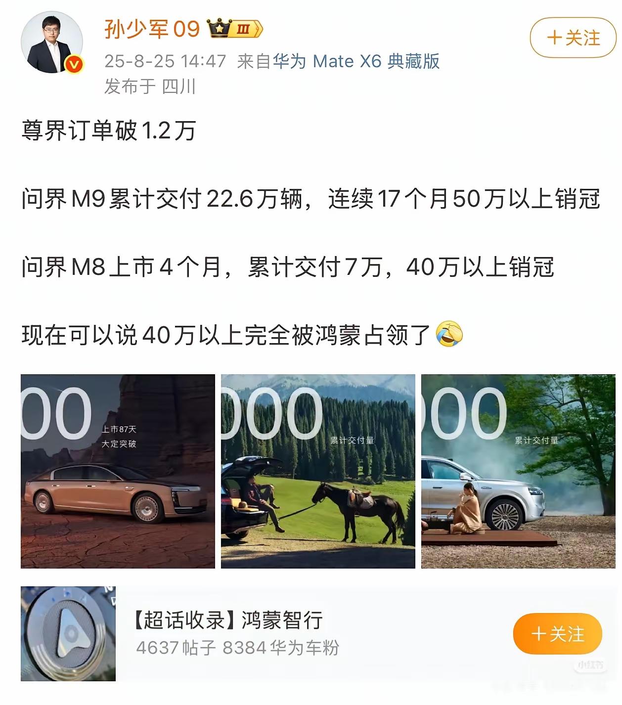 最近看车企销量榜，华为系的成绩有点让人咋舌。40万以上的市场，基本被华为承