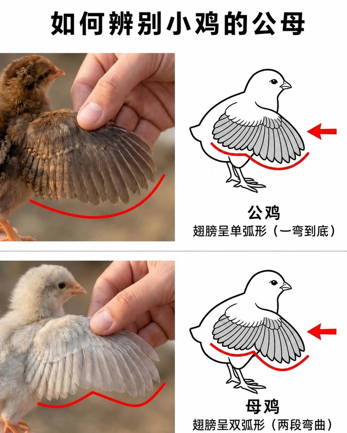 如何辨别小鸡的公母养小鸡的人注意了！原来小鸡公母还能看翅膀分辨。公鸡翅膀羽毛