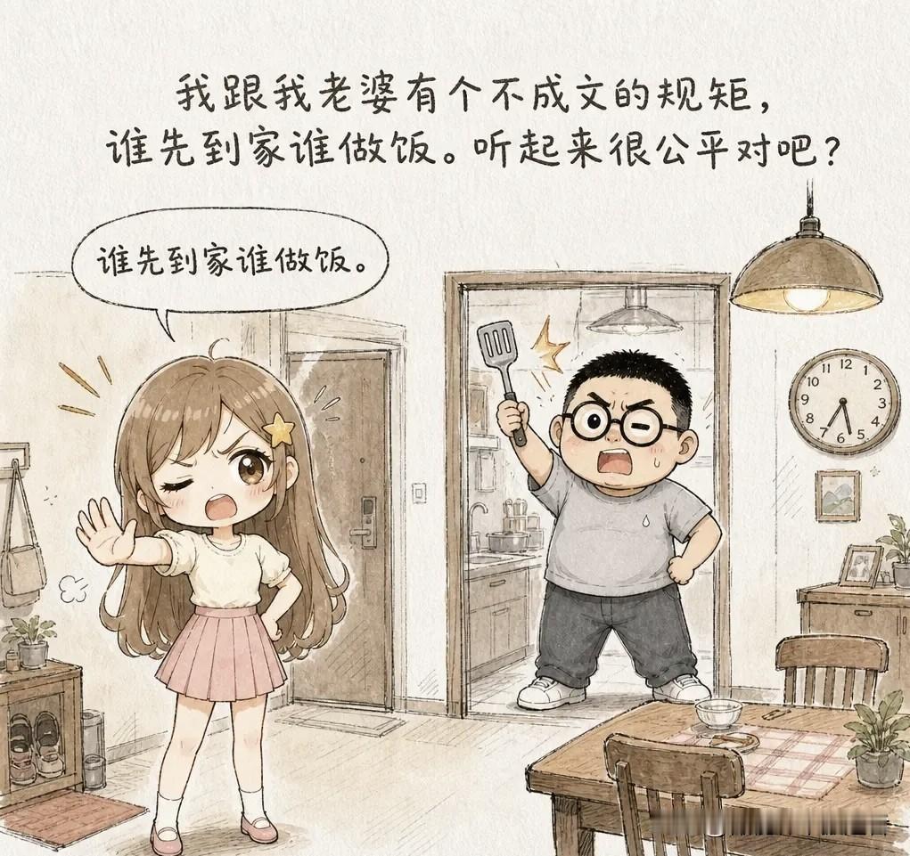推荐有趣的漫画：我跟我老婆有个不成文的规矩，谁先到家谁做饭。听起来很公平对吧？结