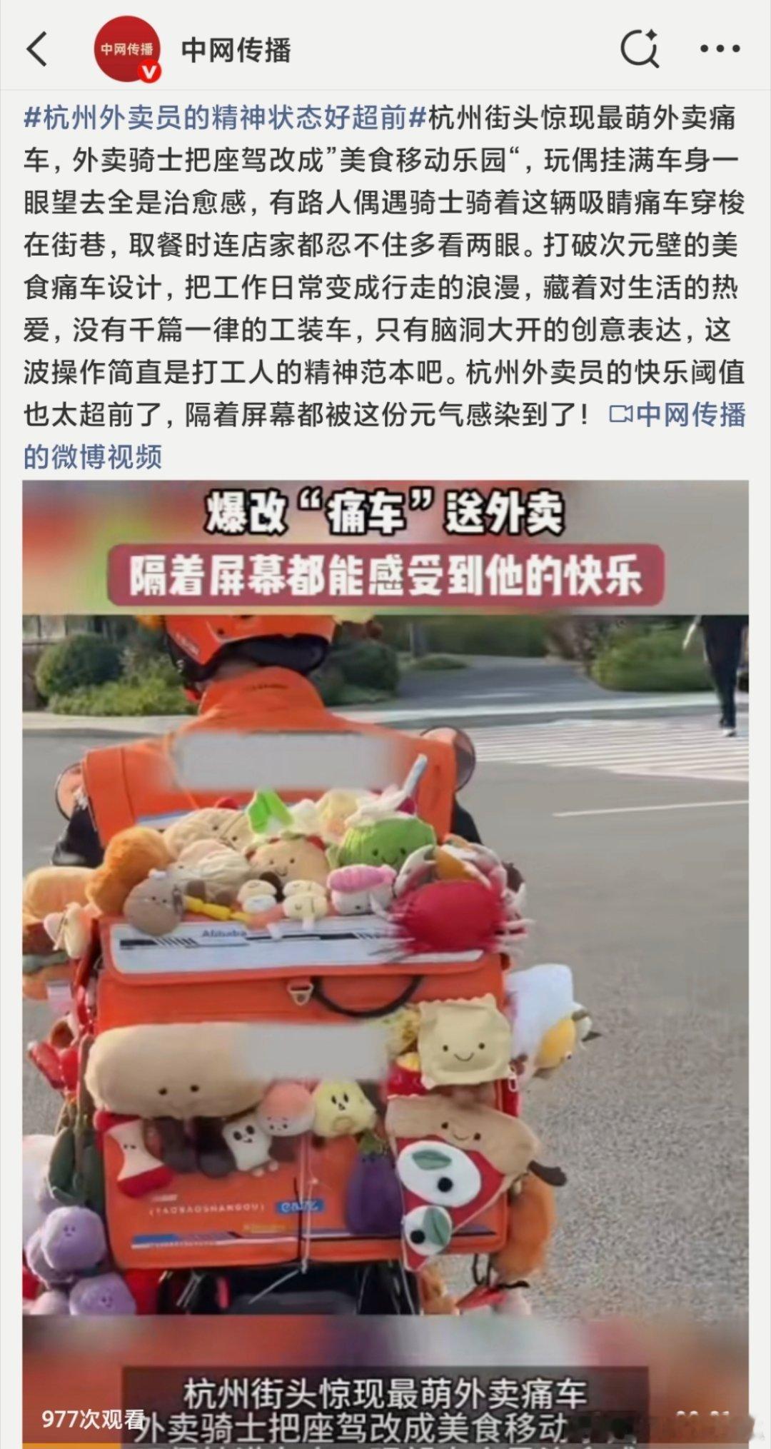 杭州外卖员的精神状态好超前杭州小哥爆改外卖车，装饰了各种各样萌宠手办的🏍️太拉