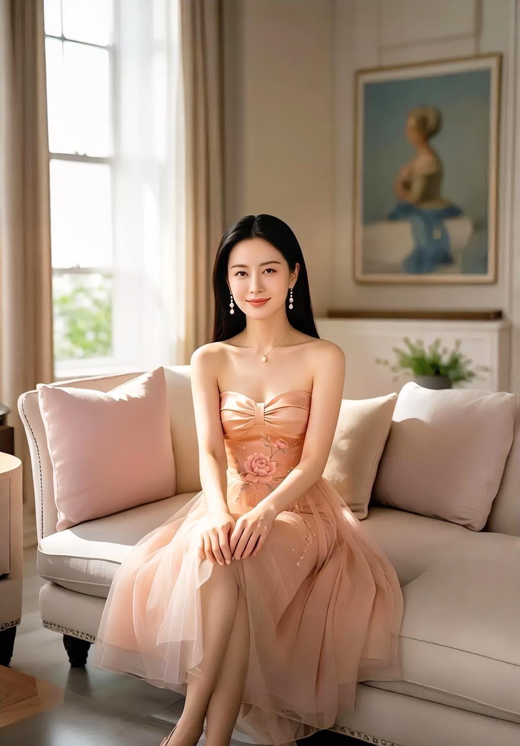 纱裙沾着暖阳，粉橘色轻轻漾。窗棂漏下光斑，落在沙发和肩上。画里静