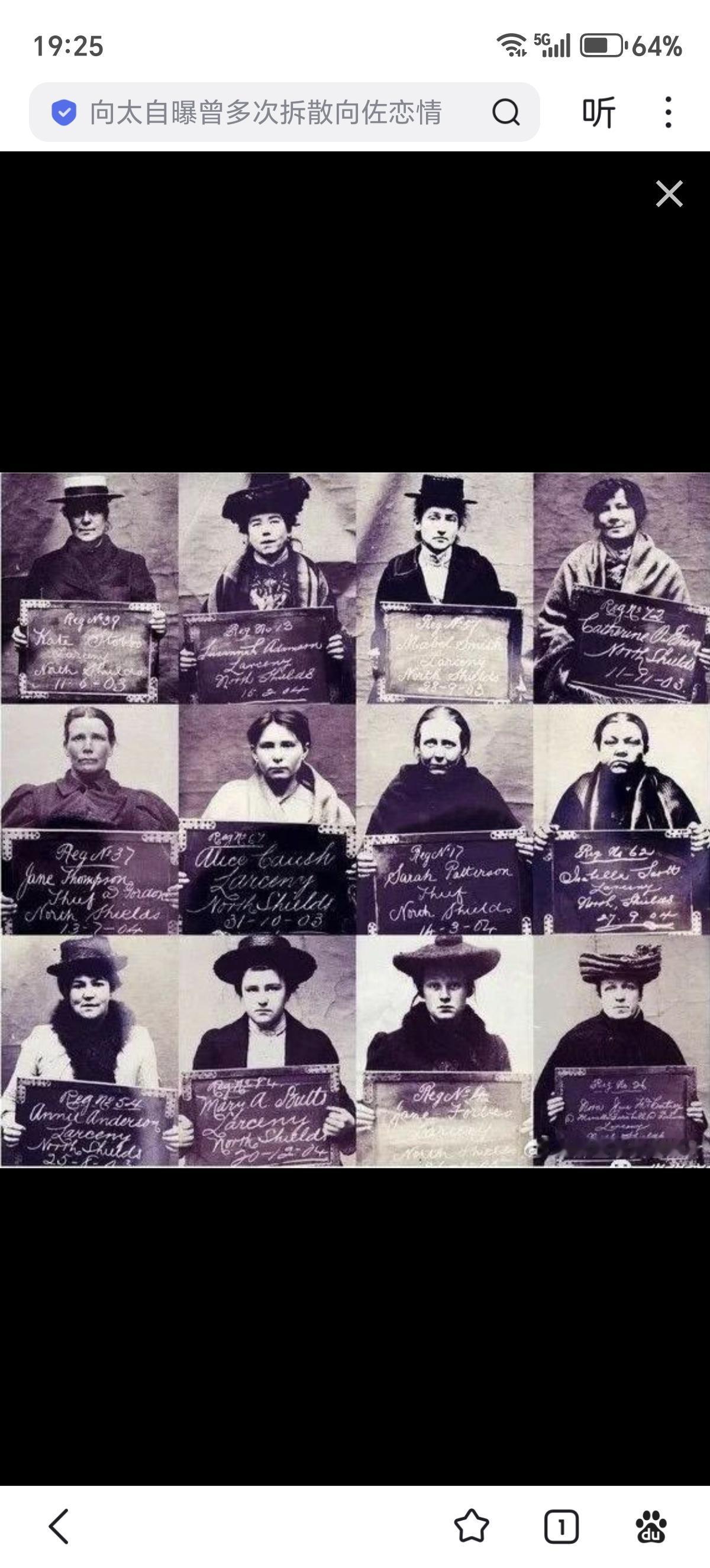 20世纪初期伦敦著名全女黑帮“四十大象”部分成员的入狱照。四十大象的起源可以