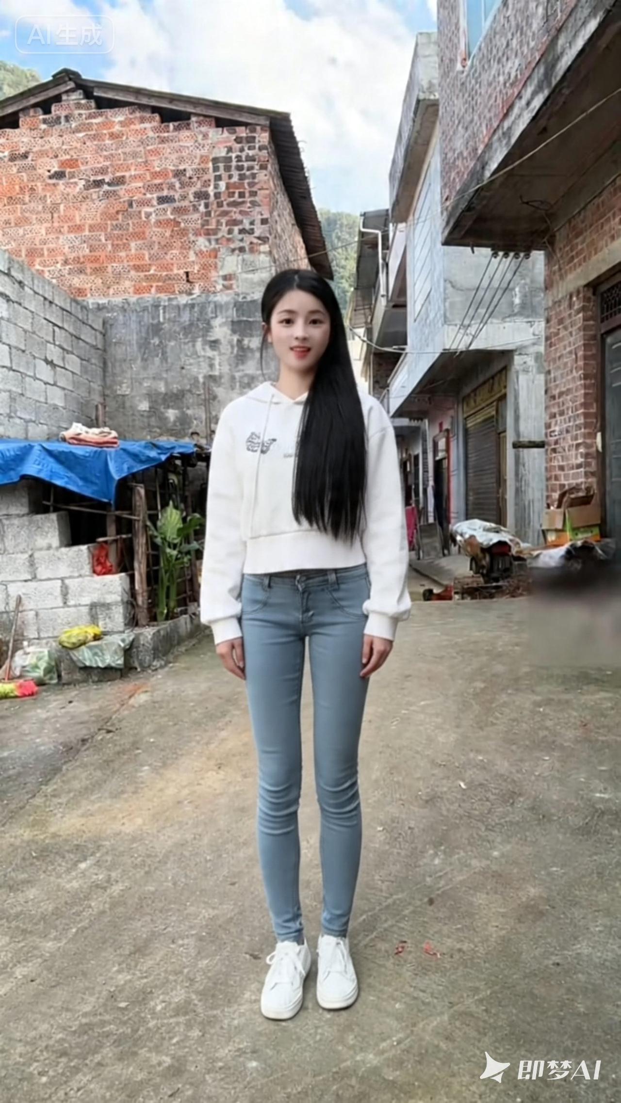长头发美女穿着白色卫衣站在中间，周围还有瓦房