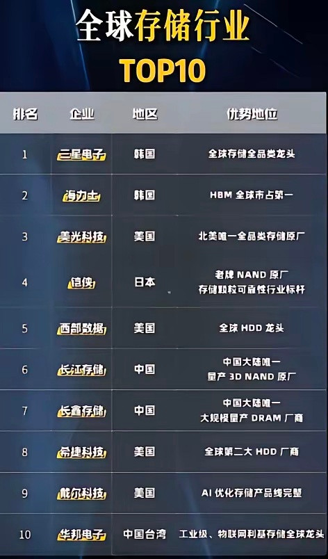 全球存储器十大科技公司分布1、三星电子（韩国）2、SK海力士（韩国）3、美光科技