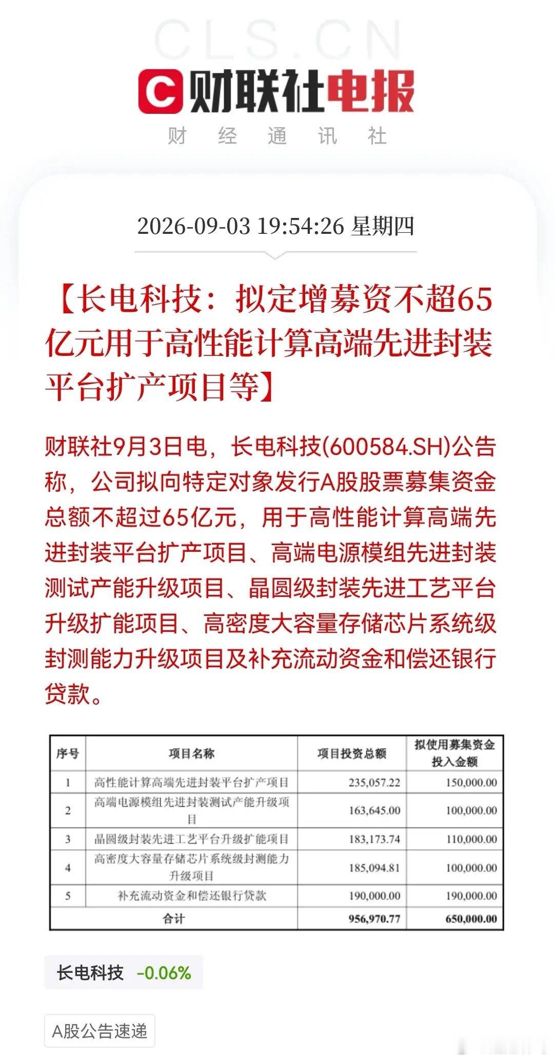 长电科技拟定增不超过65亿！又定增了，又伸手向市场要钱了，真的是不知是利好还是利