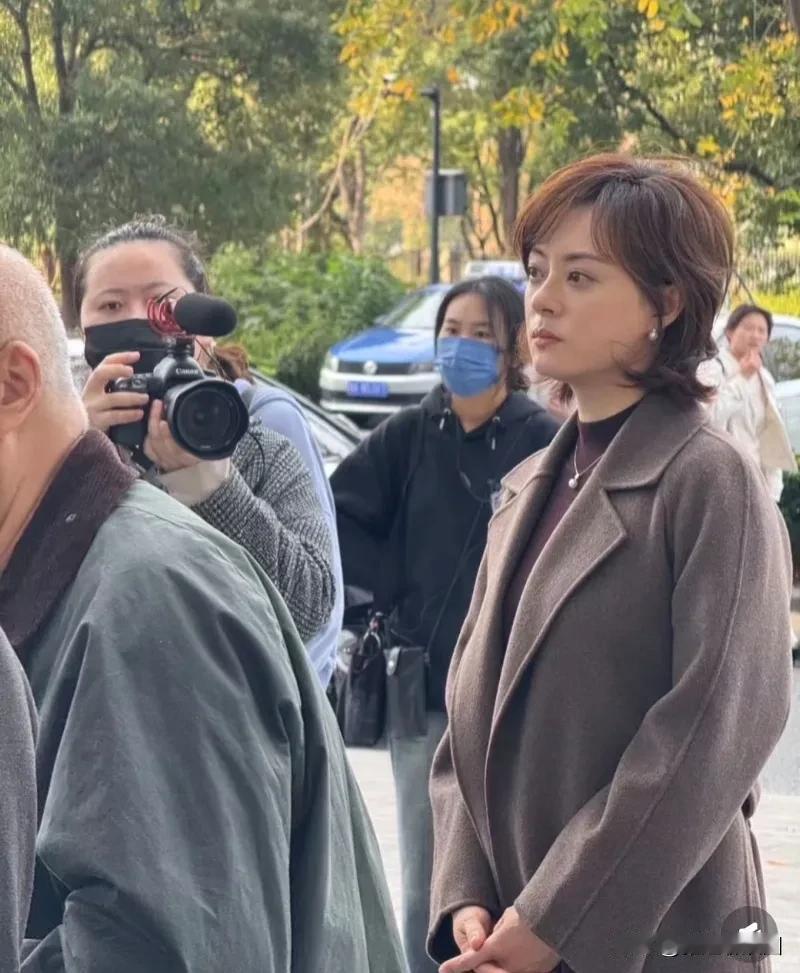 网友偶遇孙俪在无锡拍戏，一袭综红色尼子大衣显得她很大气端庄，估计又是职场女强人的