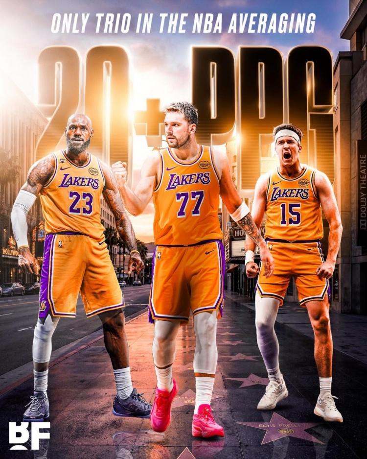 本赛季唯一三人30+组合：东契奇：场均32.9分里夫斯：场均23.8分詹姆