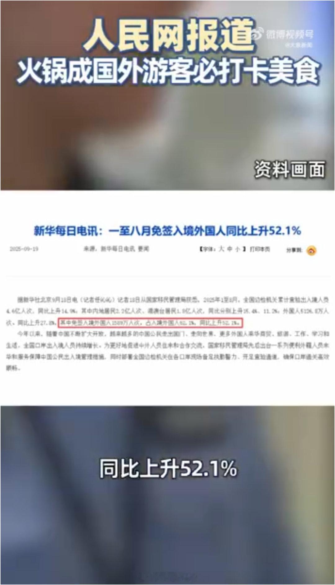 人民网报道火锅成国外游客必打卡美食自从免签政策开放，来中国玩的外国人越来越多。