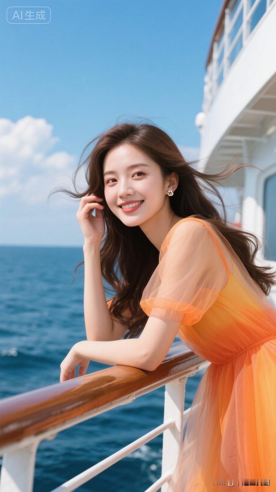 这位美女在海边笑得好开心！
