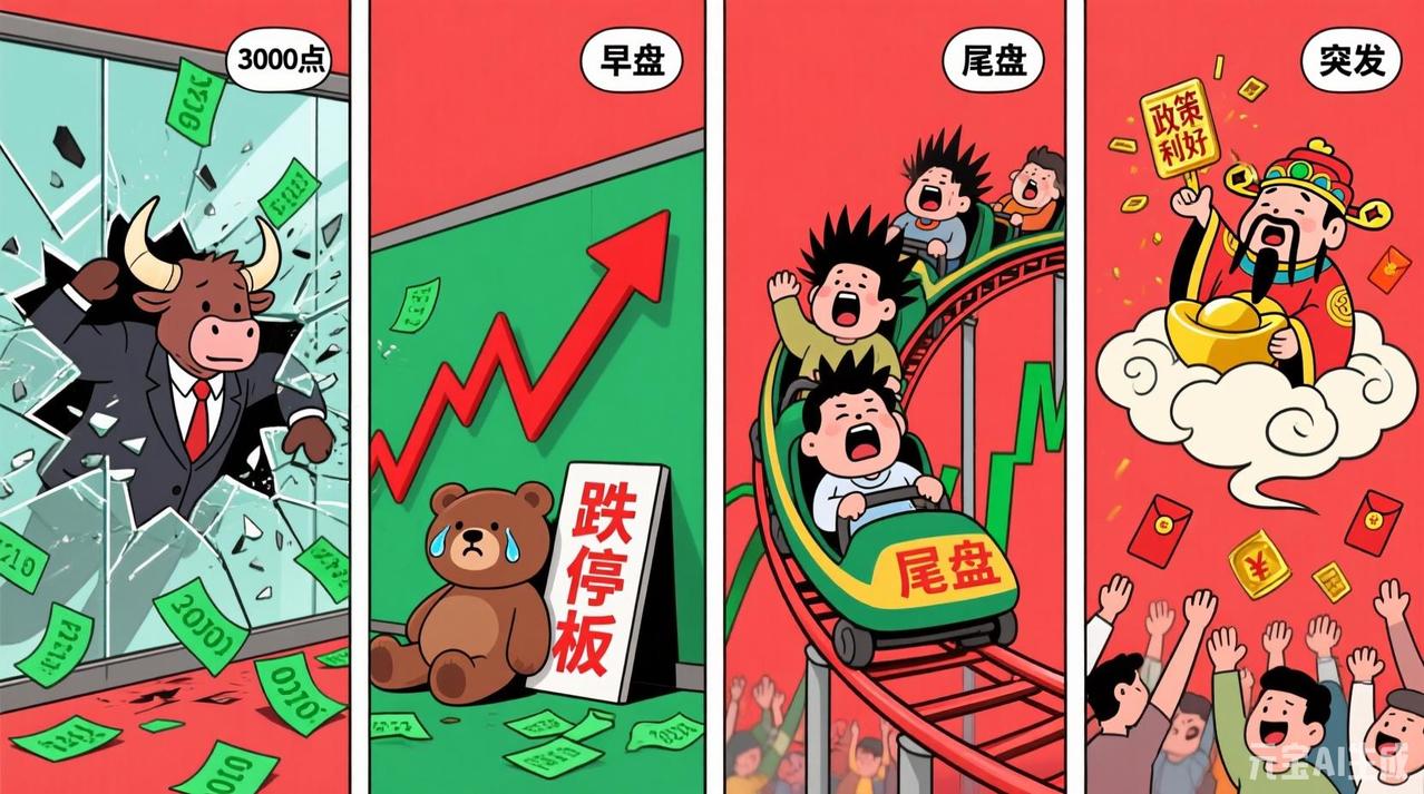 大A9.5，【四宫格漫画：第一格，身着西装革履的牛角人撞破了标有“3000点”的