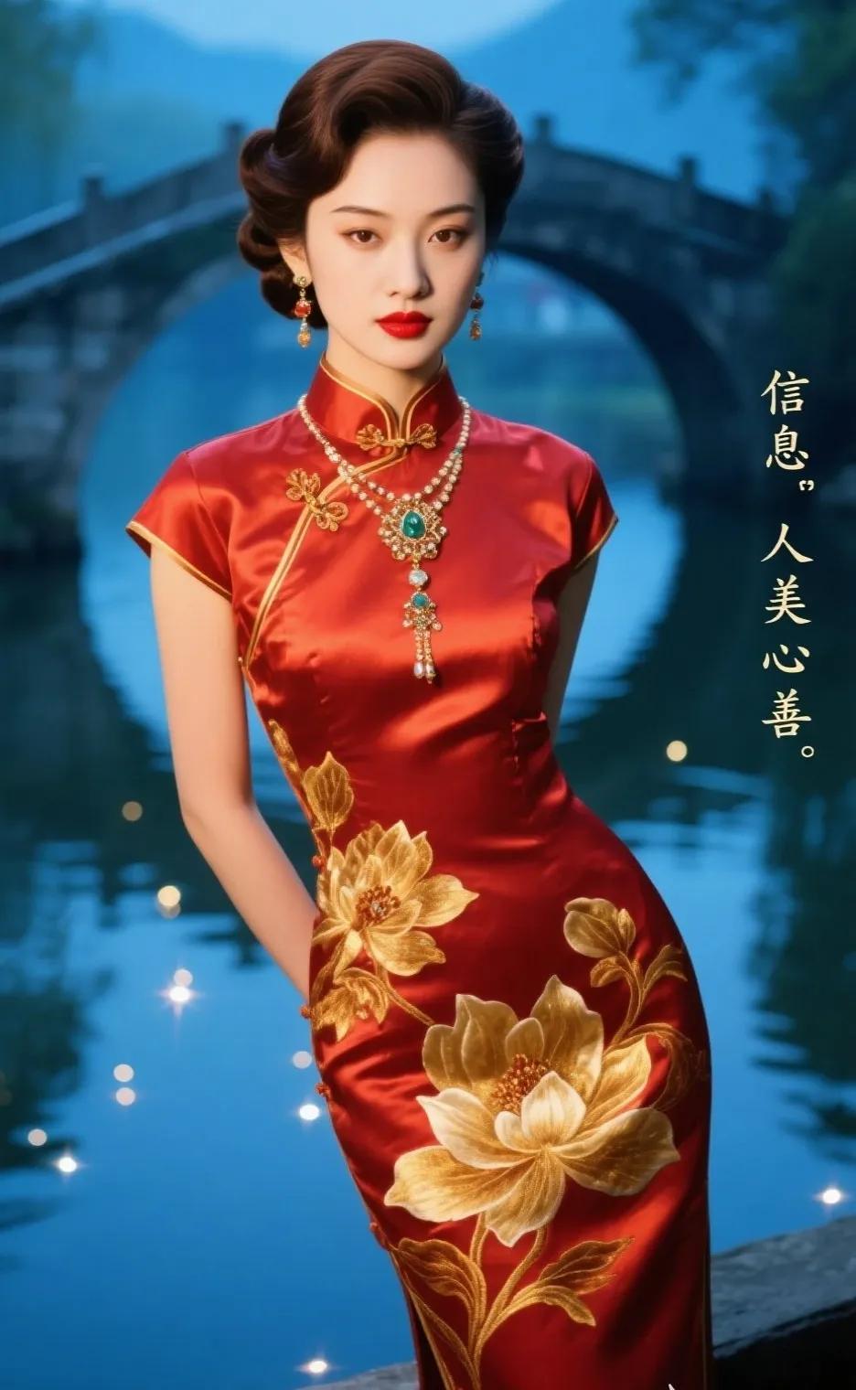 旗袍美人，红衣金花，桥下流水，人间仙境温婉国风美人