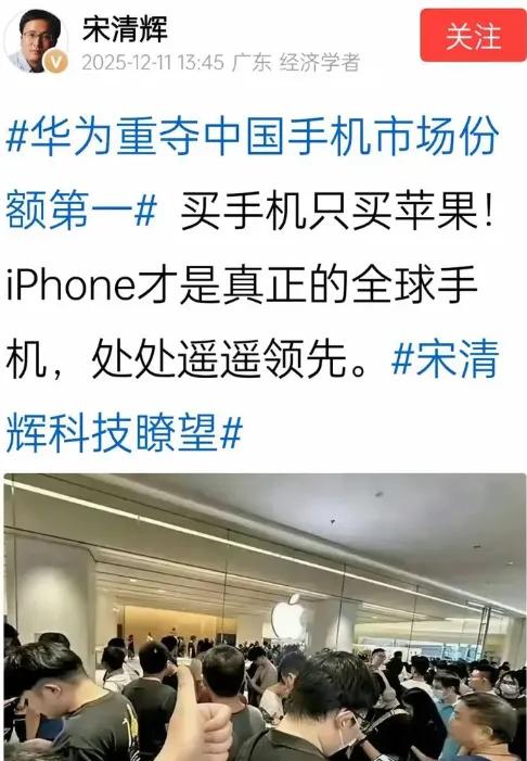 一边是华为手机销量强势回归，连续两周碾压苹果登顶国内榜首，另一边却有经济学家宋清