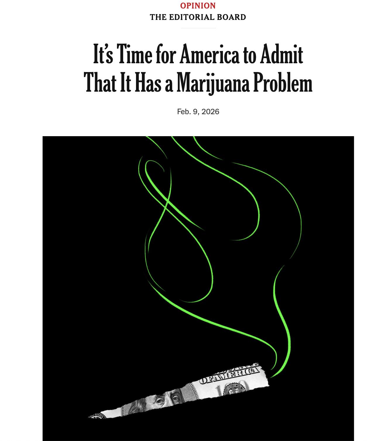 《纽约时报》扭捏认错。它在社论中承认，自己13年前极力鼓吹大麻合法化，是有点过火