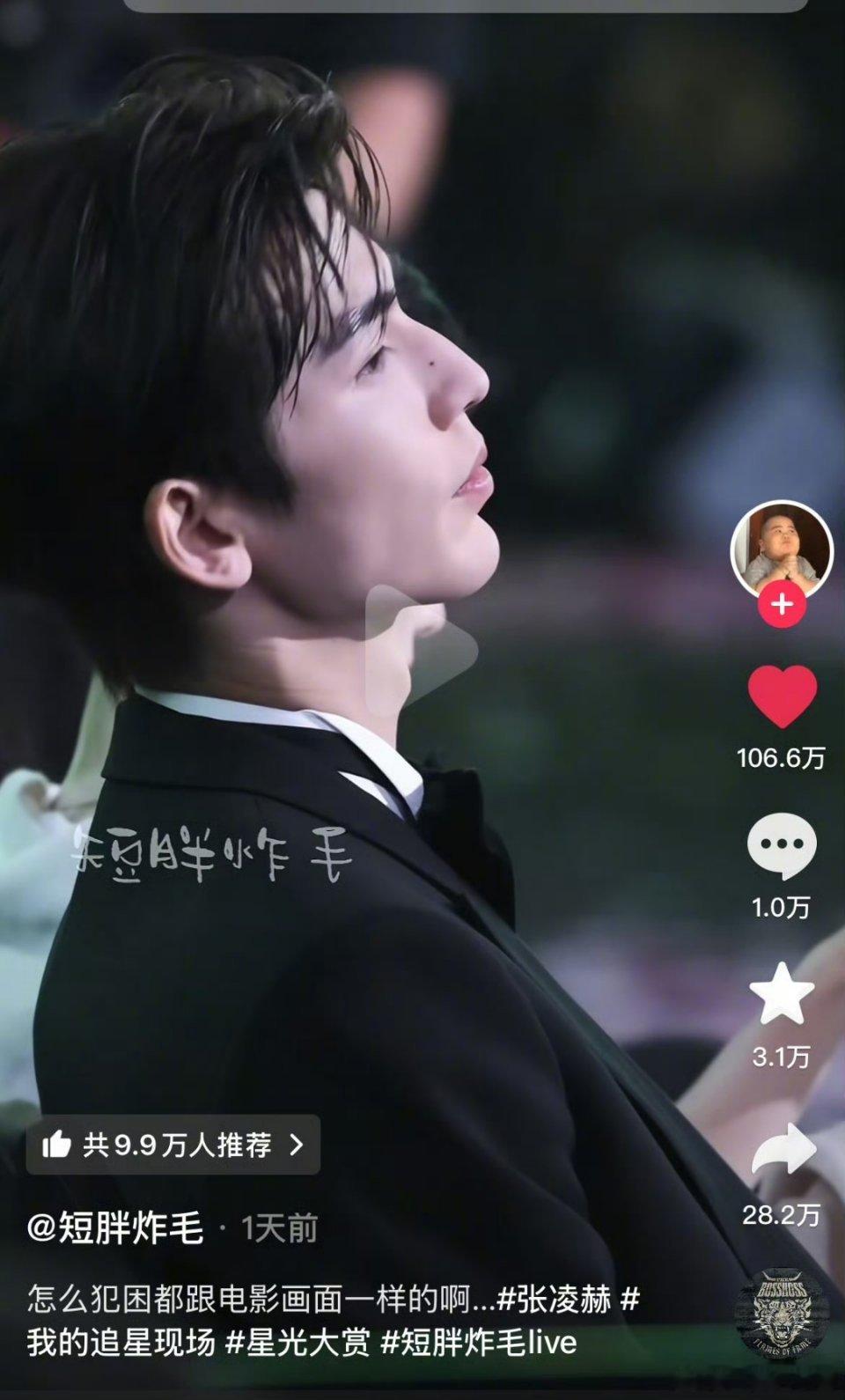 张凌赫星光大赏视频🫘破百万赞！这就是来自宙草的权威吗？