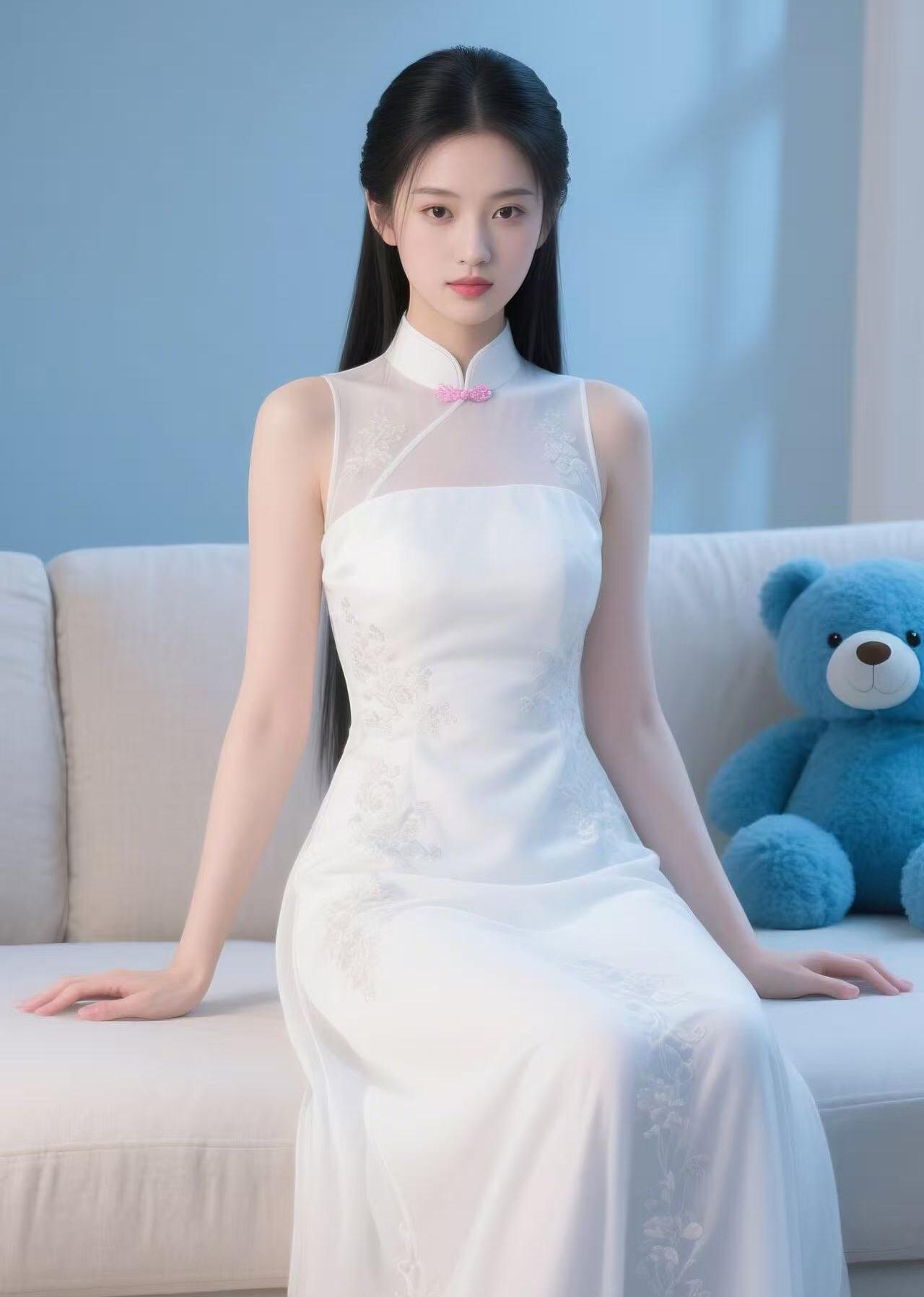 优雅白裙少女，静坐沙发旁，蓝色熊儿相伴，梦幻如画。