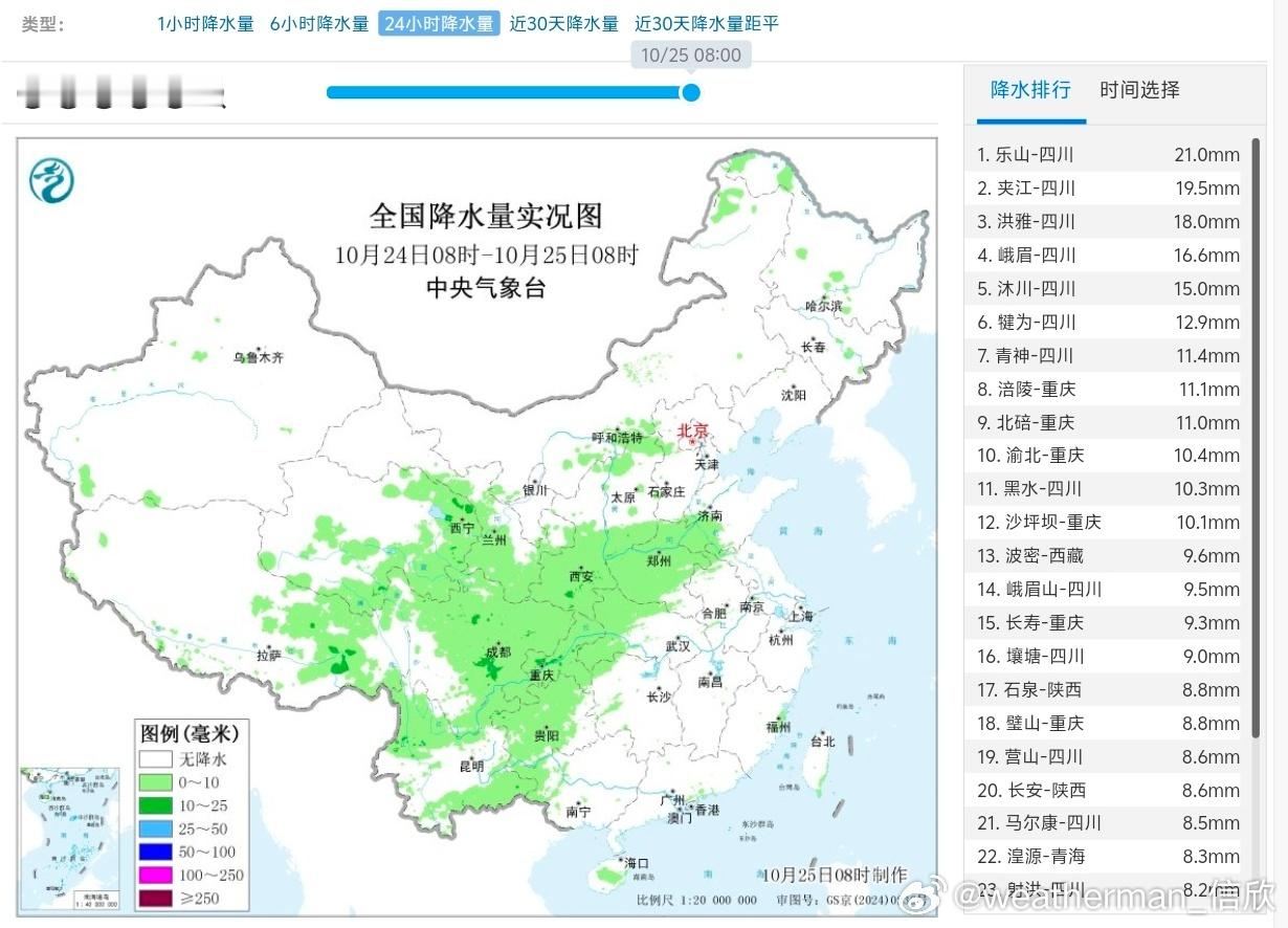 【降水】昨天到今晨，从青藏高原东部到河南一带出现较大范围降水，但总体强度不强，西