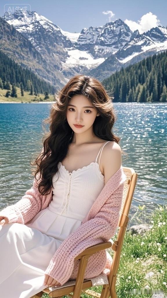 在湖畔享受宁静时光，少女与自然融为一体。